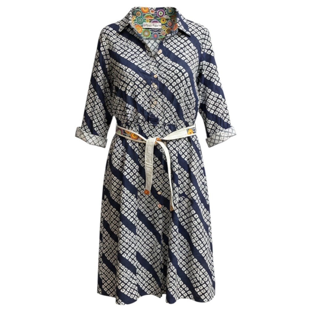 Dizzy Lizzie Navy Blue White Geometric Tile Print Midi Shirt Dress XL
